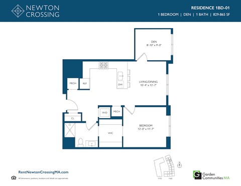 Floor plan for 1 bed, 1 bath, 865 sqft